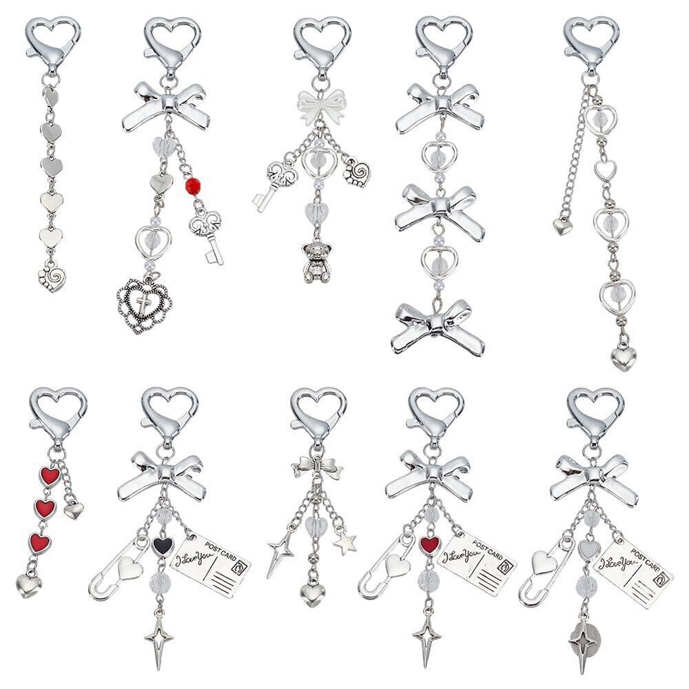 3365 10pcs Heart Keychains, Bow Charm Keychains with Brooch Pins Bows